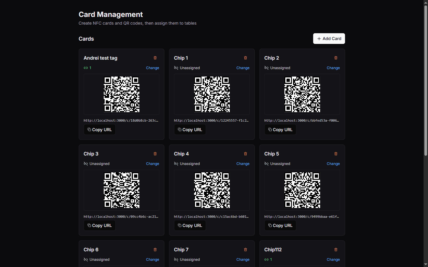 Card Management grid with QR codes and an Add Card button