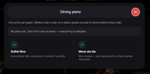 The Dining plans window offering Buffet libre and Menú del día to start from