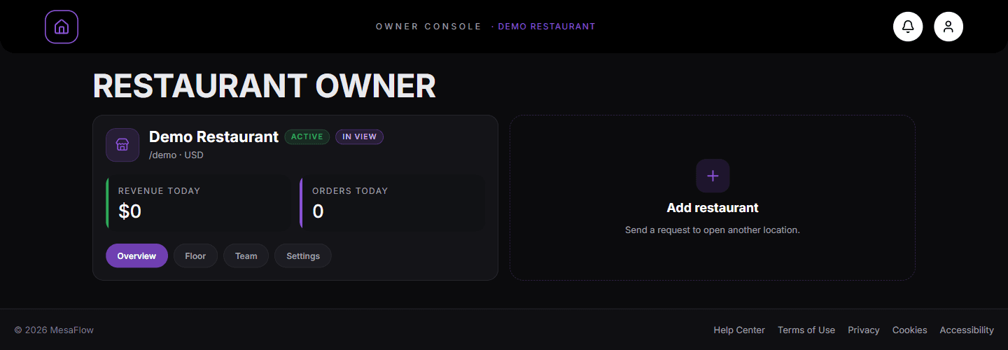 The Owner console with a location card and an Add restaurant card