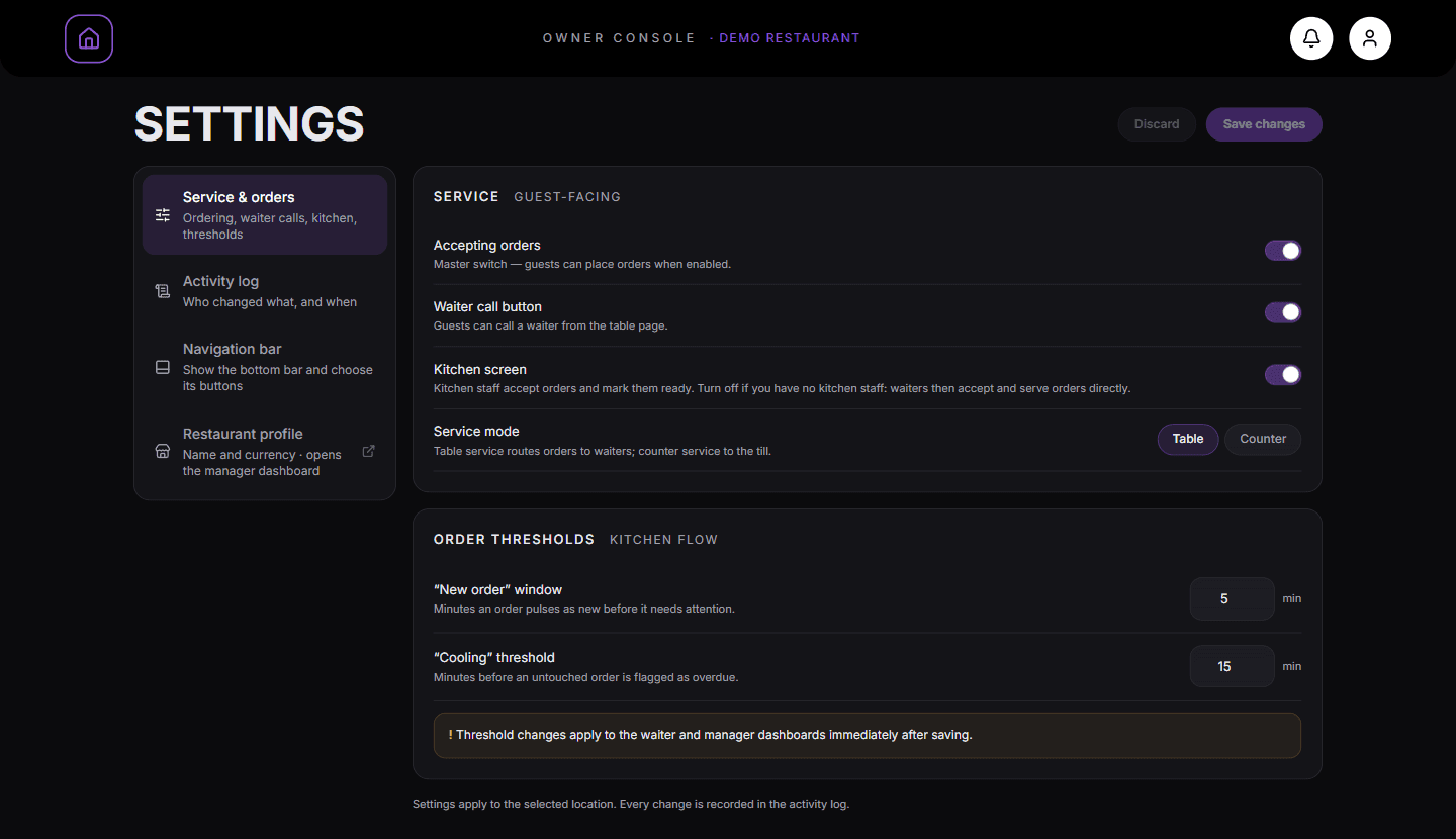 Owner Settings → Service & orders with switches and thresholds
